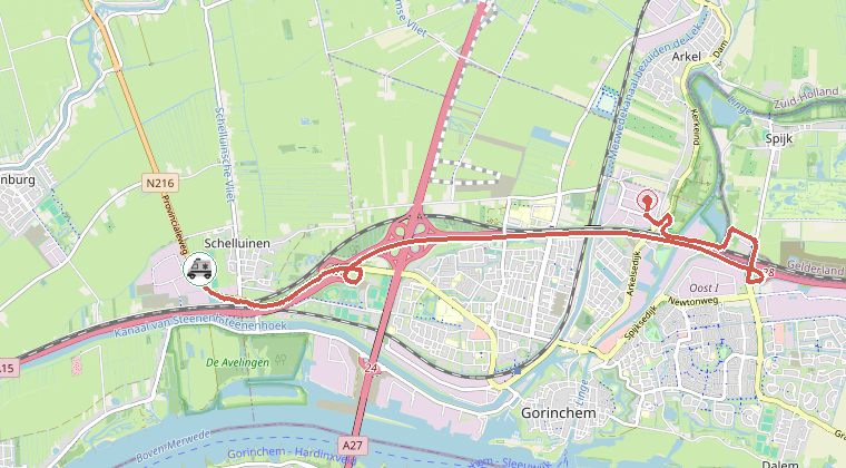 Kaart van de omgeving van de melding, met de kazerne die is gealarmeerd
