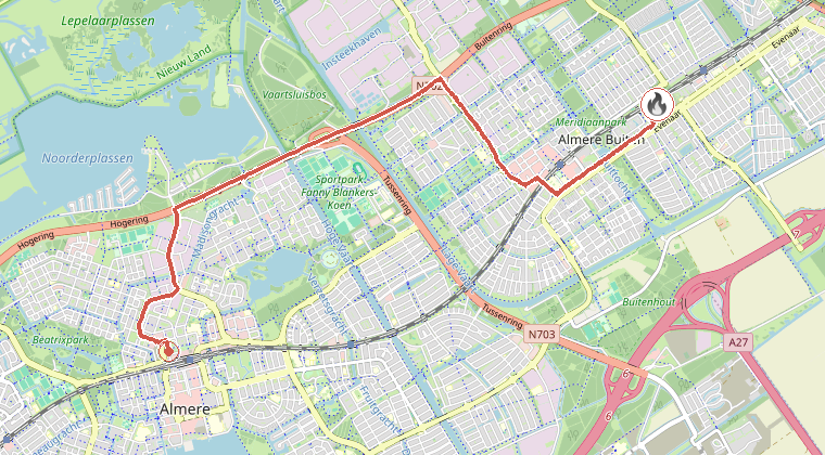 Kaart van de omgeving van de melding, met de kazerne die is gealarmeerd
