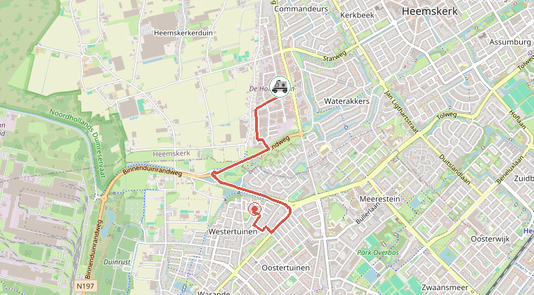 Kaart van de omgeving van de melding, met de kazerne die is gealarmeerd