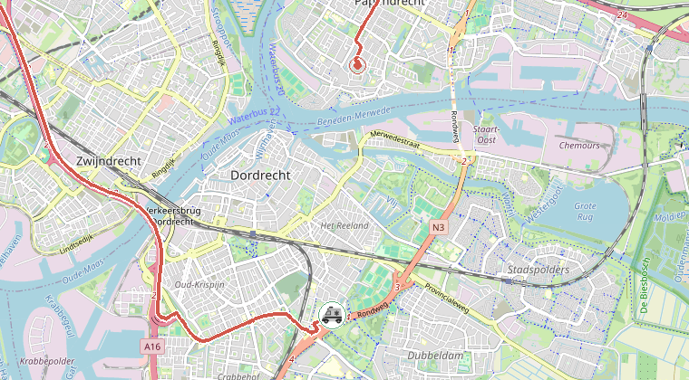 Kaart van de omgeving van de melding, met de kazerne die is gealarmeerd