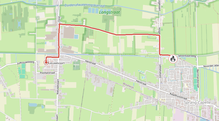 Kaart van de omgeving van de melding, met de kazerne die is gealarmeerd