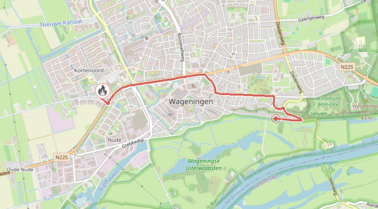 Kaart van de omgeving van de melding, met de kazerne die is gealarmeerd