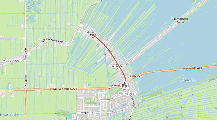 Kaart van de omgeving van de melding, met de kazerne die is gealarmeerd