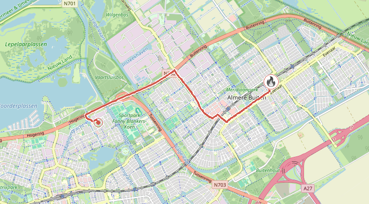Kaart van de omgeving van de melding, met de kazerne die is gealarmeerd