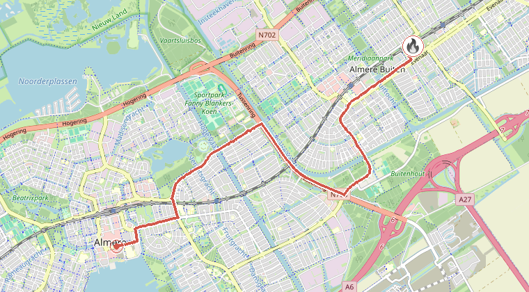 Kaart van de omgeving van de melding, met de kazerne die is gealarmeerd