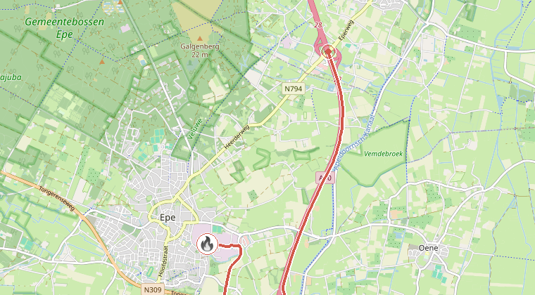 Kaart van de omgeving van de melding, met de kazerne die is gealarmeerd