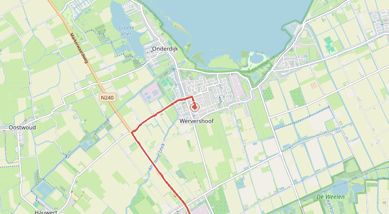 Kaart van de omgeving van de melding, met de kazerne die is gealarmeerd