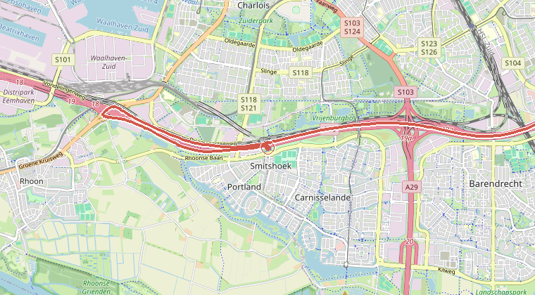 Kaart van de omgeving van de melding, met de kazerne die is gealarmeerd