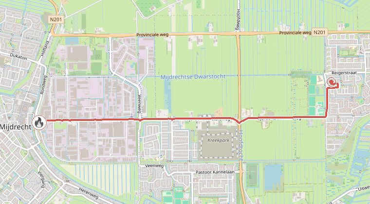 Kaart van de omgeving van de melding, met de kazerne die is gealarmeerd