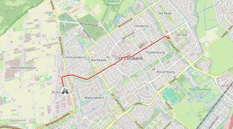 Kaart van de omgeving van de melding, met de kazerne die is gealarmeerd