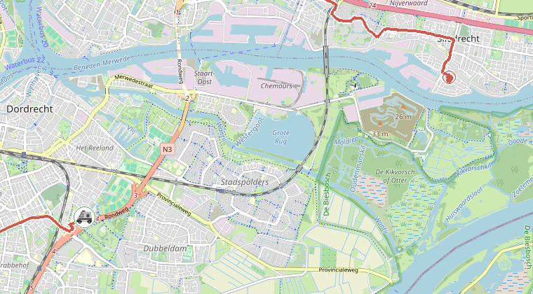 Kaart van de omgeving van de melding, met de kazerne die is gealarmeerd