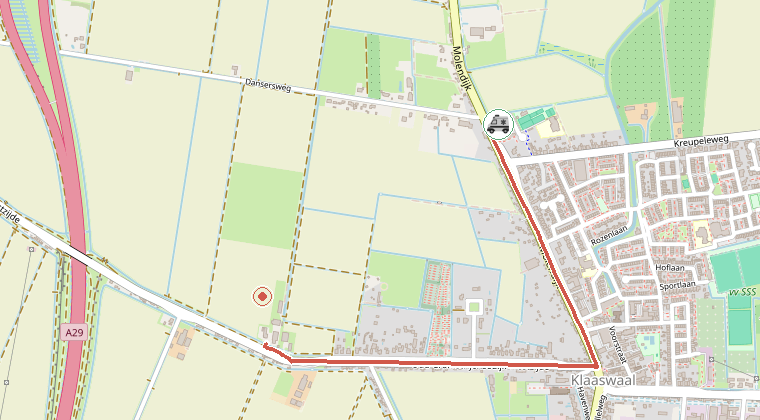 Kaart van de omgeving van de melding, met de kazerne die is gealarmeerd