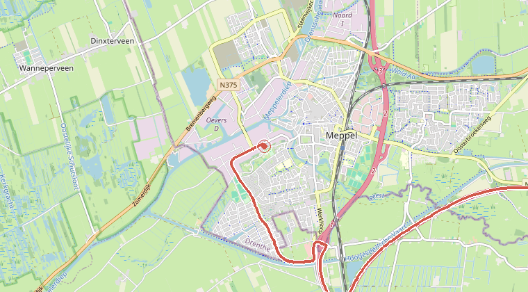Kaart van de omgeving van de melding, met de kazerne die is gealarmeerd