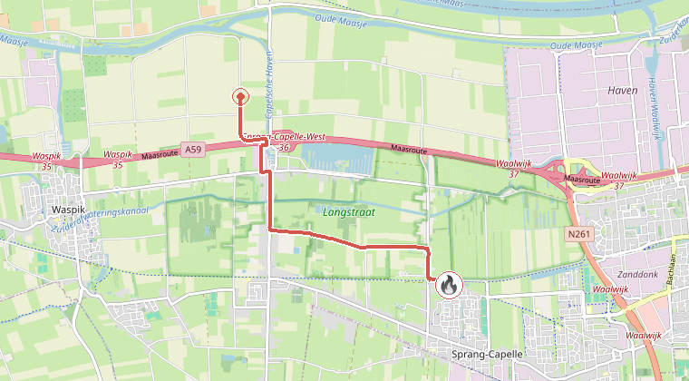 Kaart van de omgeving van de melding, met de kazerne die is gealarmeerd