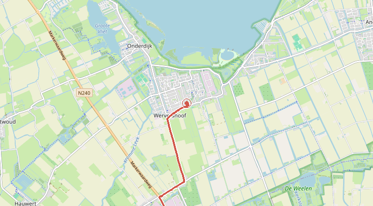 Kaart van de omgeving van de melding, met de kazerne die is gealarmeerd
