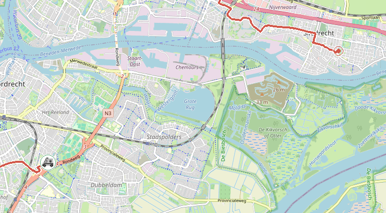 Kaart van de omgeving van de melding, met de kazerne die is gealarmeerd