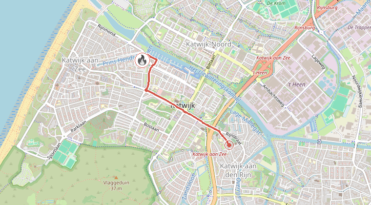 Kaart van de omgeving van de melding, met de kazerne die is gealarmeerd