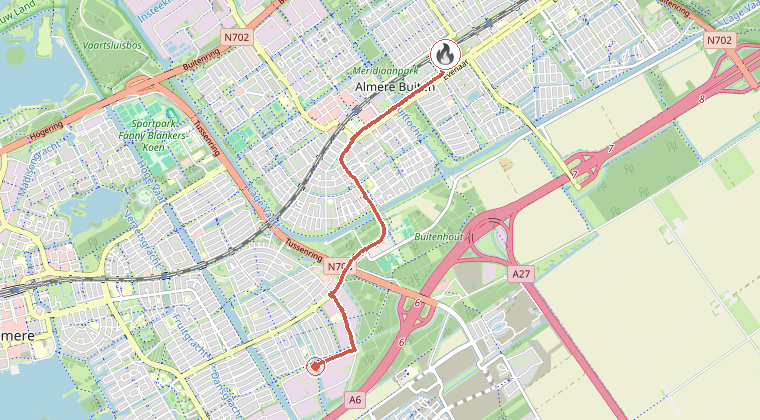 Kaart van de omgeving van de melding, met de kazerne die is gealarmeerd