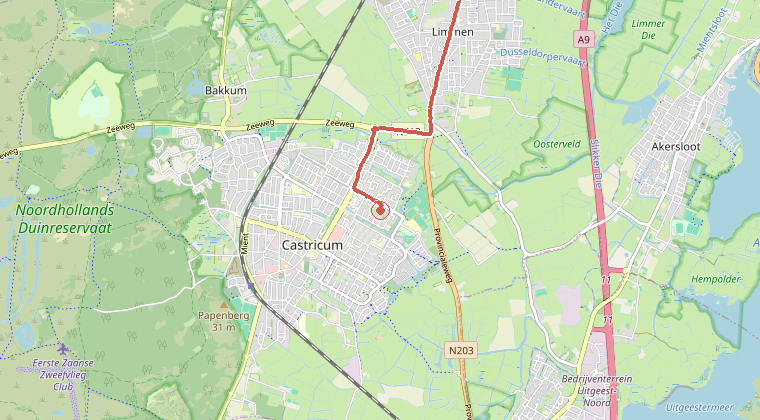 Kaart van de omgeving van de melding, met de kazerne die is gealarmeerd