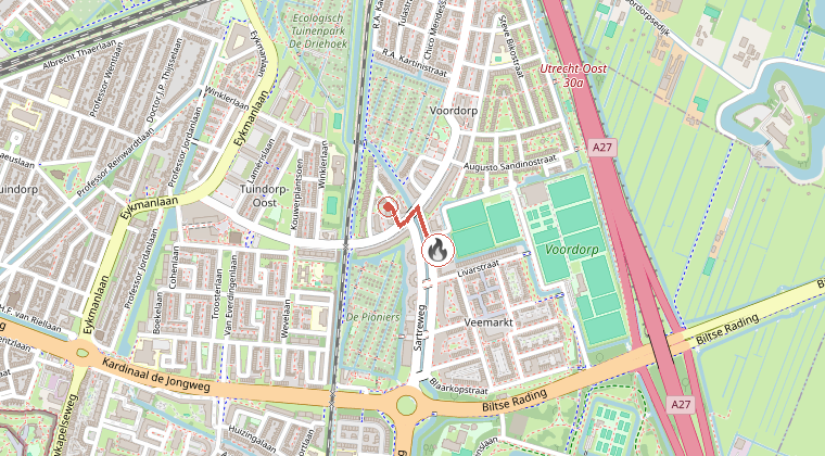 Kaart van de omgeving van de melding, met de kazerne die is gealarmeerd