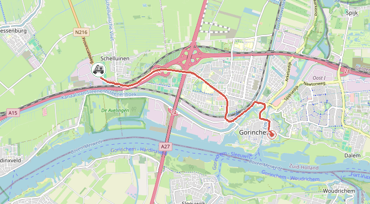 Kaart van de omgeving van de melding, met de kazerne die is gealarmeerd