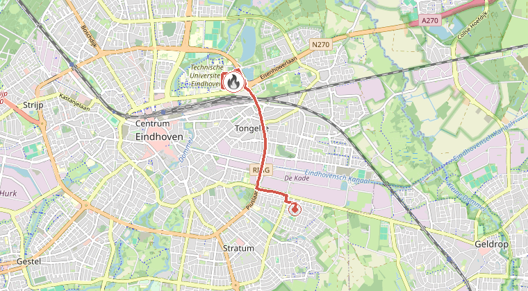 Kaart van de omgeving van de melding, met de kazerne die is gealarmeerd
