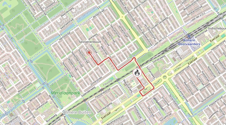 Kaart van de omgeving van de melding, met de kazerne die is gealarmeerd
