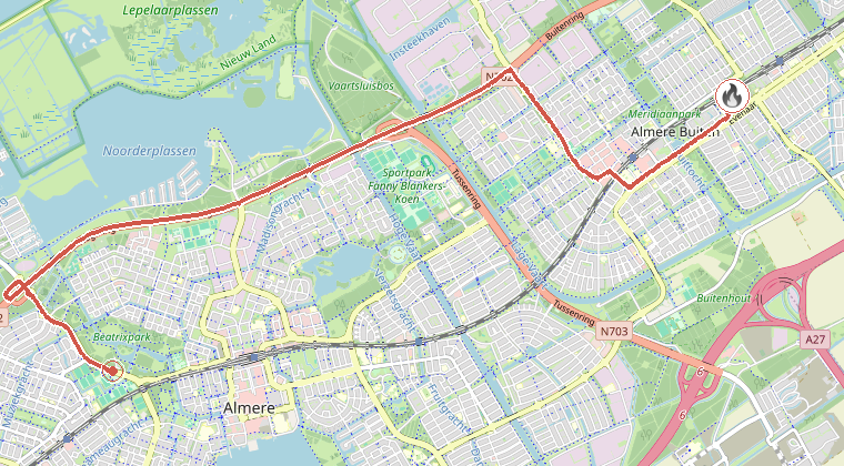 Kaart van de omgeving van de melding, met de kazerne die is gealarmeerd
