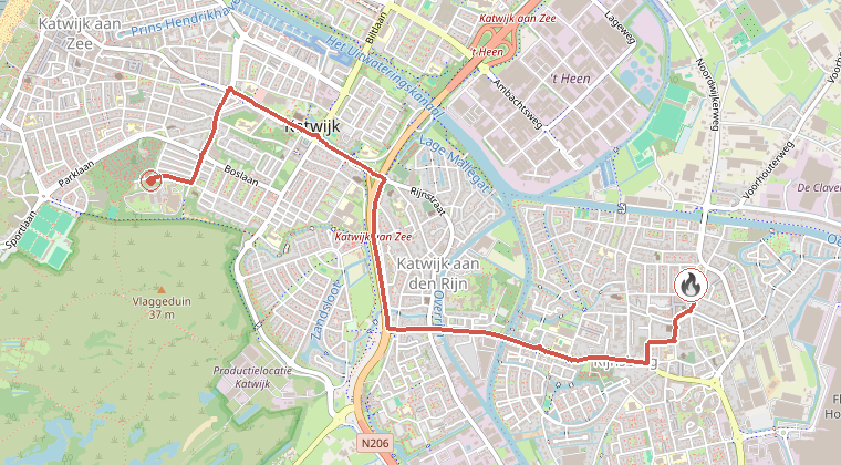 Kaart van de omgeving van de melding, met de kazerne die is gealarmeerd