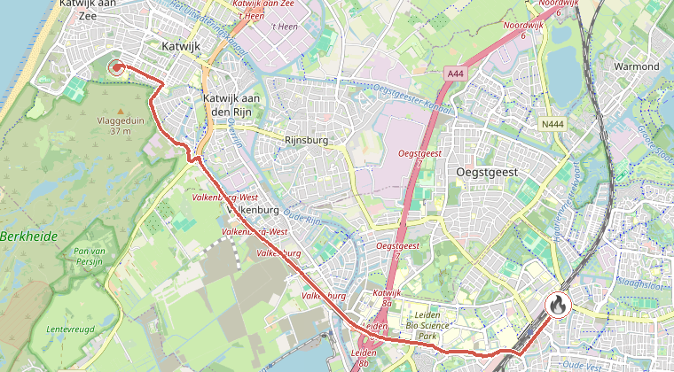 Kaart van de omgeving van de melding, met de kazerne die is gealarmeerd