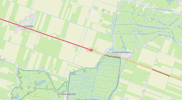 Kaart van de omgeving van de melding, met de kazerne die is gealarmeerd