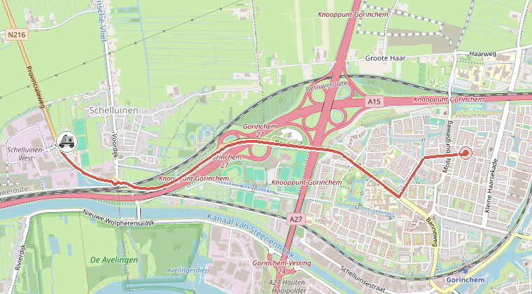 Kaart van de omgeving van de melding, met de kazerne die is gealarmeerd
