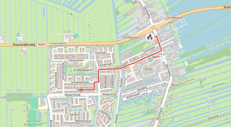 Kaart van de omgeving van de melding, met de kazerne die is gealarmeerd
