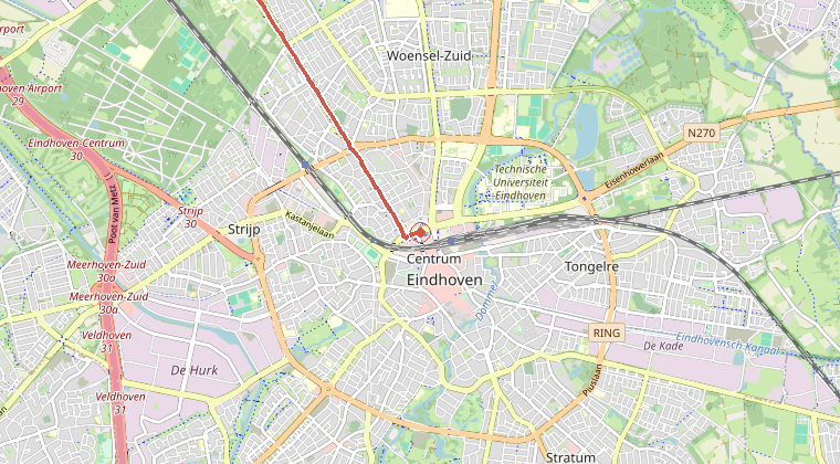 Kaart van de omgeving van de melding, met de kazerne die is gealarmeerd