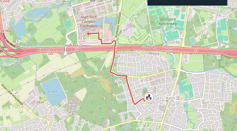 Kaart van de omgeving van de melding, met de kazerne die is gealarmeerd