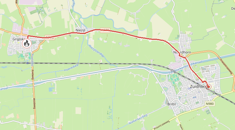 Kaart van de omgeving van de melding, met de kazerne die is gealarmeerd
