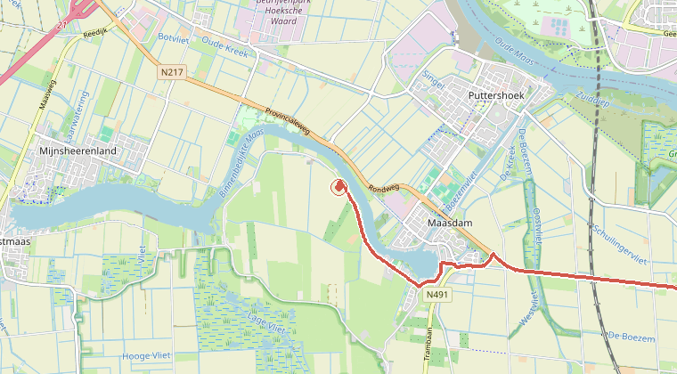 Kaart van de omgeving van de melding, met de kazerne die is gealarmeerd