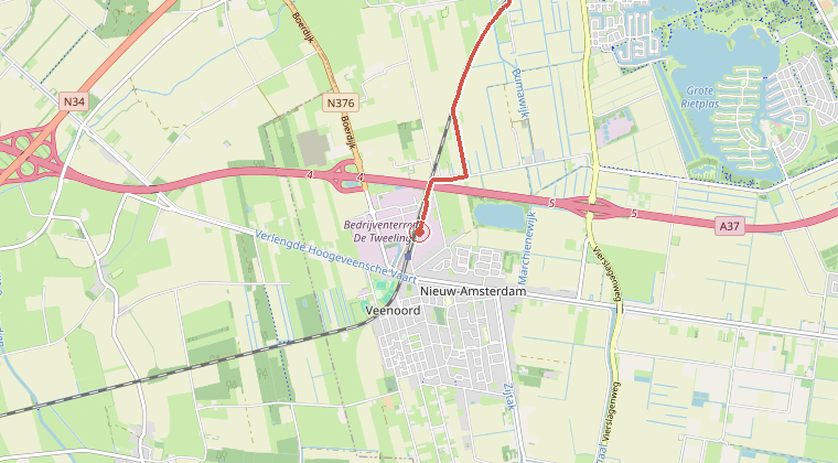 Kaart van de omgeving van de melding, met de kazerne die is gealarmeerd