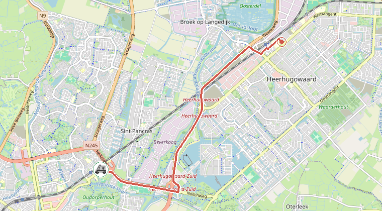 Kaart van de omgeving van de melding, met de kazerne die is gealarmeerd