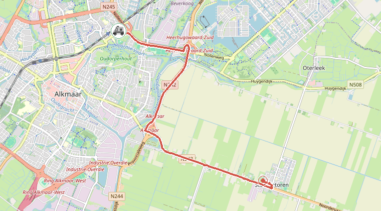 Kaart van de omgeving van de melding, met de kazerne die is gealarmeerd