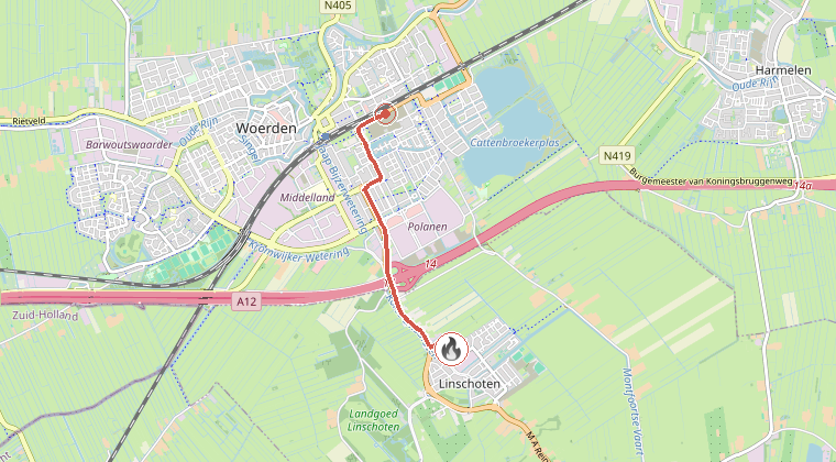 Kaart van de omgeving van de melding, met de kazerne die is gealarmeerd