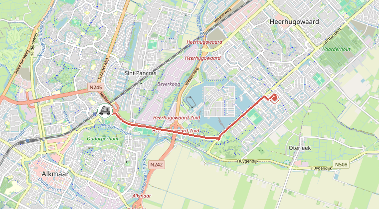 Kaart van de omgeving van de melding, met de kazerne die is gealarmeerd