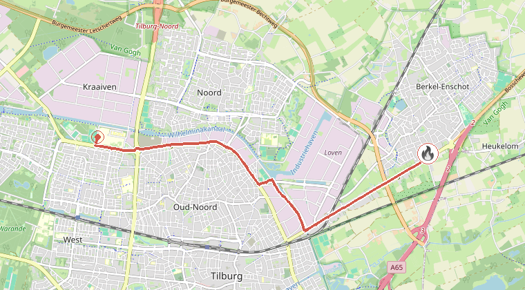 Kaart van de omgeving van de melding, met de kazerne die is gealarmeerd