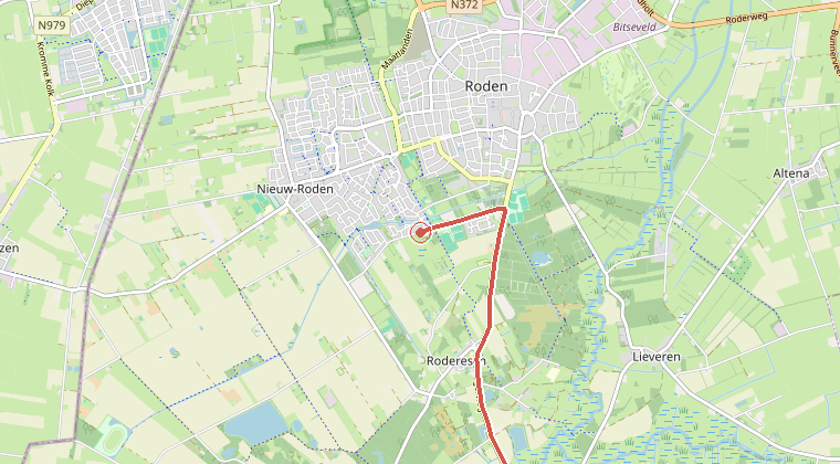 Kaart van de omgeving van de melding, met de kazerne die is gealarmeerd