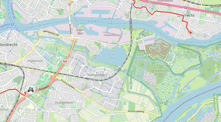 Kaart van de omgeving van de melding, met de kazerne die is gealarmeerd