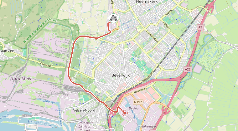 Kaart van de omgeving van de melding, met de kazerne die is gealarmeerd