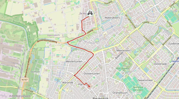 Kaart van de omgeving van de melding, met de kazerne die is gealarmeerd