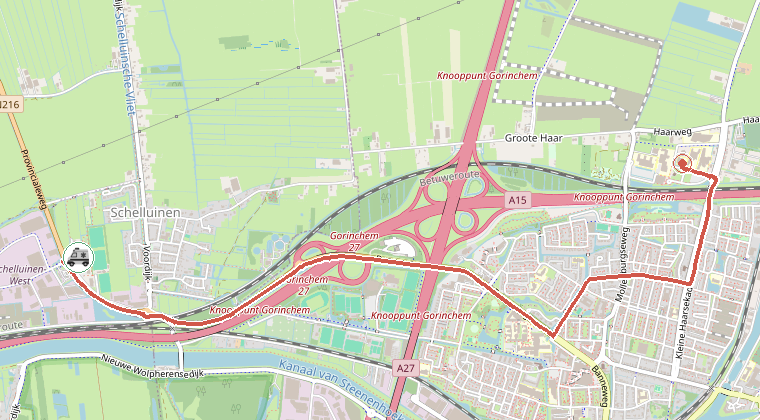 Kaart van de omgeving van de melding, met de kazerne die is gealarmeerd