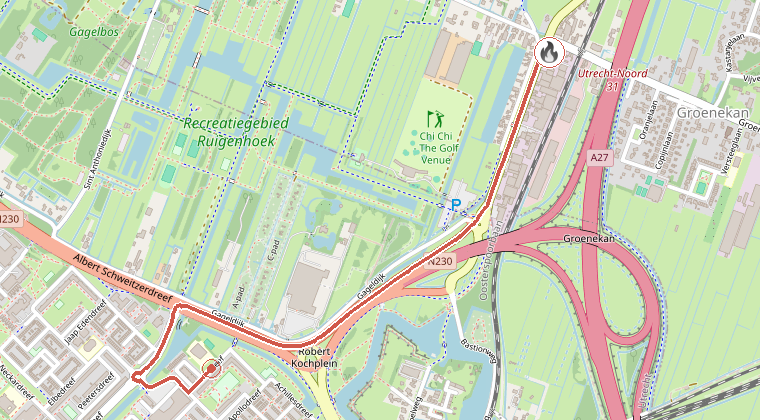 Kaart van de omgeving van de melding, met de kazerne die is gealarmeerd