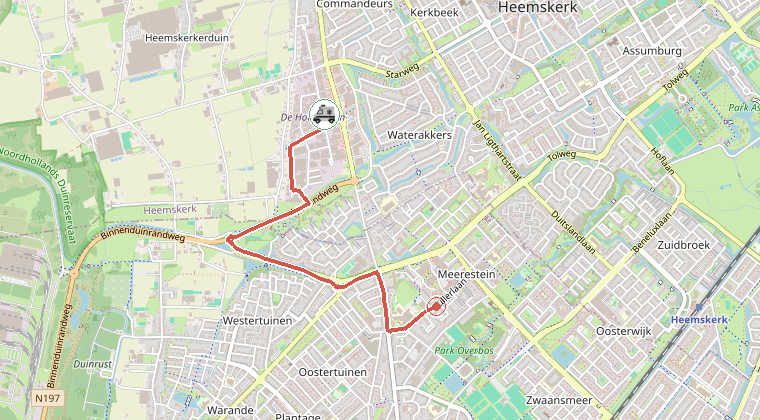 Kaart van de omgeving van de melding, met de kazerne die is gealarmeerd